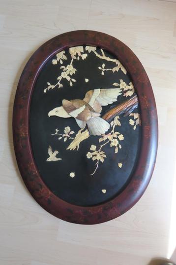 Antiek Japans tableau, Arend en kleine vogel op bloesemtak beschikbaar voor biedingen