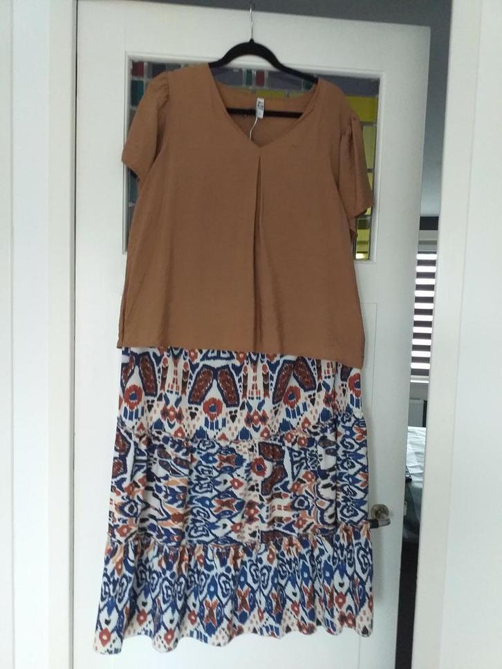 Camel - Blauwe Set Rok & Blouse Maat L, Kleding | Dames, Dames-kledingpakketten, Zo goed als nieuw, Maat 42/44 (L), Ophalen of Verzenden