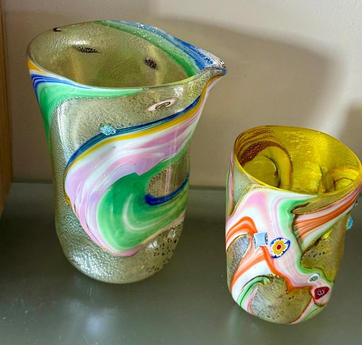 Murano Nachtset Groen & Geel (2) met Certificaat Diego Vio, Antiek en Kunst, Antiek | Glas en Kristal, Ophalen