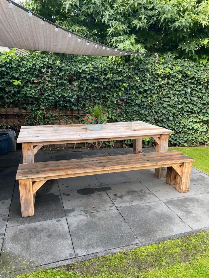 Tuintafel met bank, Tuin en Terras, Picknicktafels, Gebruikt, Rechthoekig, Hout, Ophalen