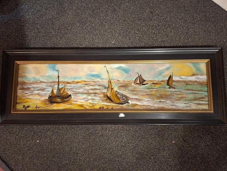 Schilderij T. Lindman 2011 - Garnalenvangst - 138x48, Antiek en Kunst, Kunst | Schilderijen | Klassiek, Ophalen