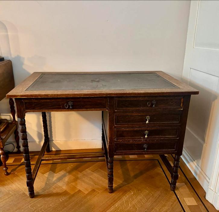 Klassiek bureau met lederen blad en 5 lades, Huis en Inrichting, Bureaus, Gebruikt, Bureau, Ophalen