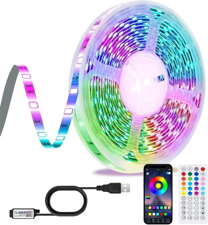 RGB LED Strip 5m – Met Bluetooth & Afstandsbediening, Huis en Inrichting, Lampen | Overige, Nieuw, Verzenden