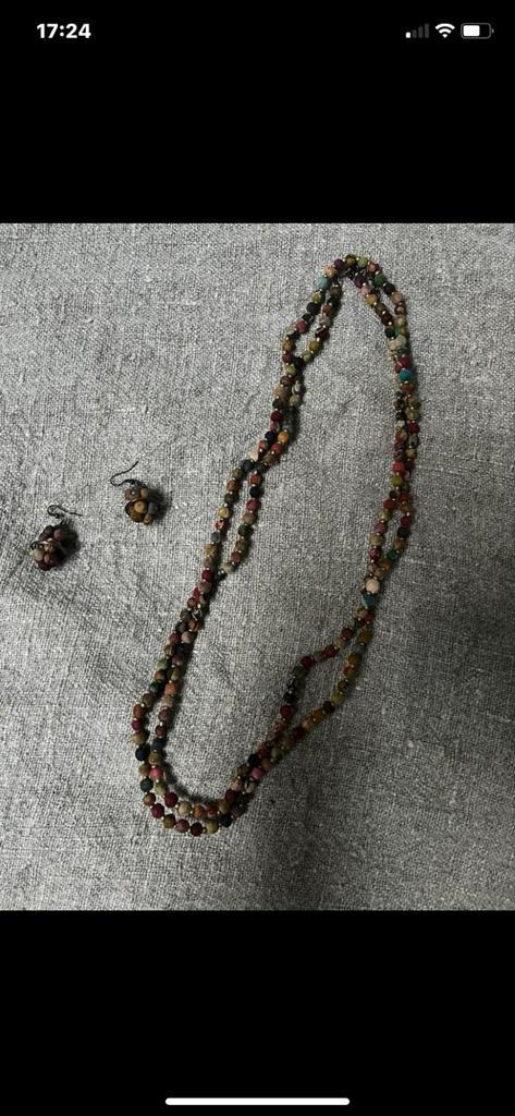 Indiase ketting & oorbellen - Herfstkleuren, Sieraden, Tassen en Uiterlijk, Kettingen, Zo goed als nieuw, Overige materialen, Bruin