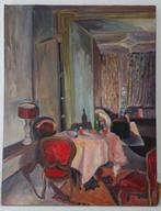 Interieur met rokende figuur. Olieverf op doek. Gesigneerd., Ophalen of Verzenden