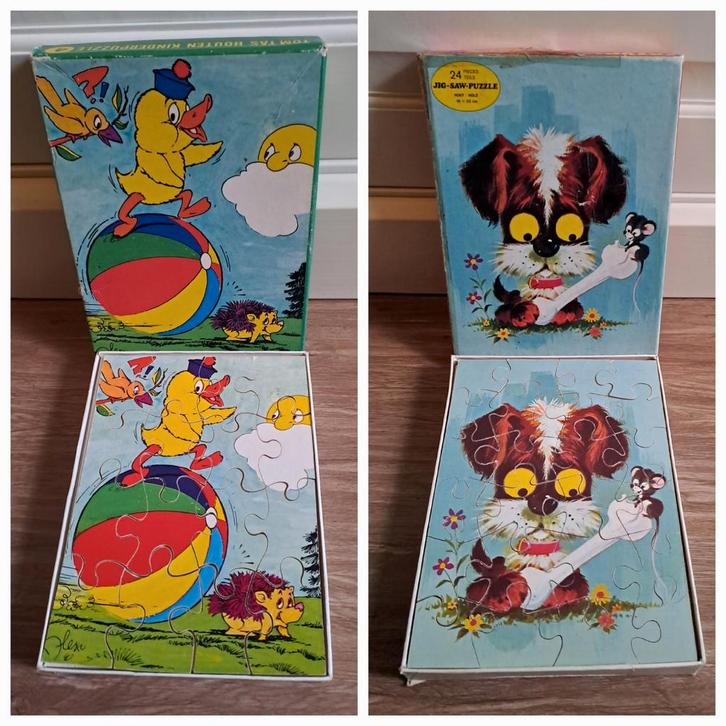 Vintage Houten Kinderpuzzels Eend en Hond 16 en 24 stukjes, Kinderen en Baby's, Speelgoed | Kinderpuzzels, Gebruikt, 2 tot 4 jaar