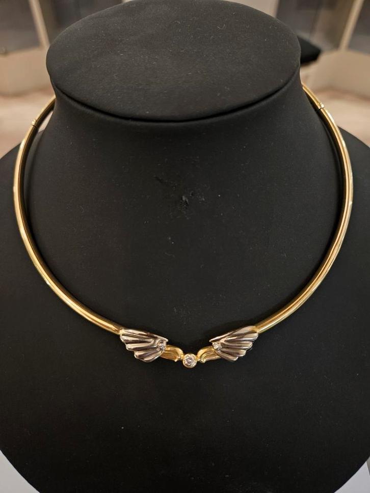 14 karaats gouden bicolor spang collier met Diamant, Sieraden, Tassen en Uiterlijk, Kettingen, Zo goed als nieuw, Goud, Goud, Met edelsteen