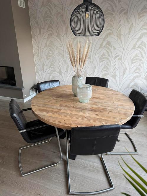 Beuken tafel met 6 stoelen, Huis en Inrichting, Tafels | Eettafels, Gebruikt, 100 tot 150 cm, Vijf personen of meer, Rond, Ophalen