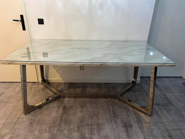 Marmeren eettafel met zilveren poten - als nieuw! 180x90 cm, Huis en Inrichting, Tafels | Eettafels, Zo goed als nieuw, 50 tot 100 cm