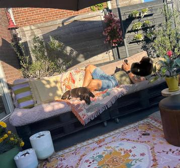 Pallet tuinbank ( 2 delen) met kussens beschikbaar voor biedingen