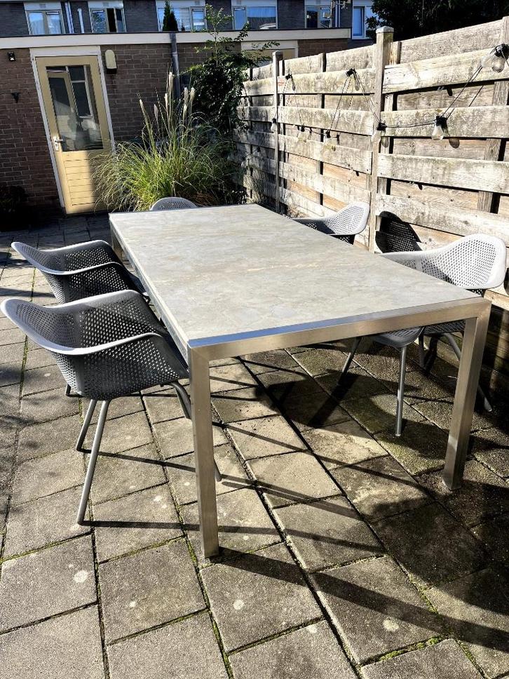 Prachtige RVS Tuintafel met Hardstenenblad incl. 6 stoelen., Tuin en Terras, Tuintafels, Gebruikt, Rechthoekig, Rvs, Ophalen