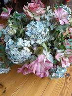 Groot zijden bloemboeket blauw hortensia zalmroze landelijk, Ophalen of Verzenden, Zo goed als nieuw
