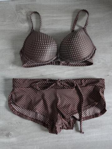 3-Delig Bikiniset Bruin Met Witte Stippen Maat 75C/S >Snelle beschikbaar voor biedingen