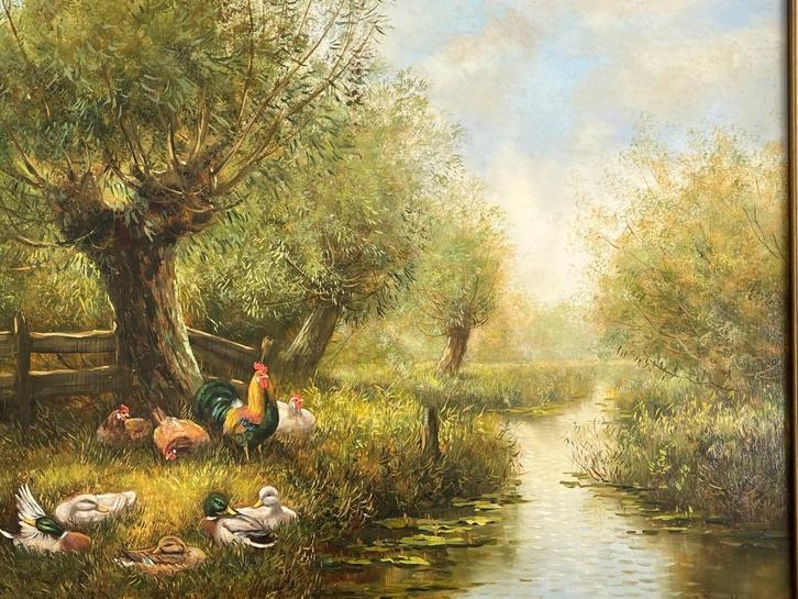 Henk Roosink, pluimvee bij een sloot met knotwilgen, Antiek en Kunst, Kunst | Schilderijen | Klassiek, Ophalen