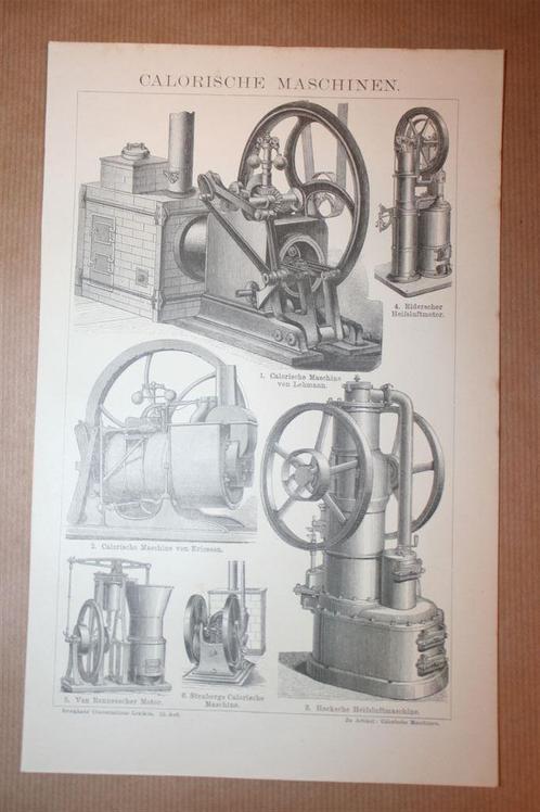 Antieke prent - Calorische machines - Ca 1885 !!, Verzamelen, Foto's en Prenten, Gebruikt, Voor 1940, Ophalen of Verzenden