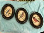 3 prachtige houten ovalen lijstjes met geborduurde vogels., Ophalen of Verzenden