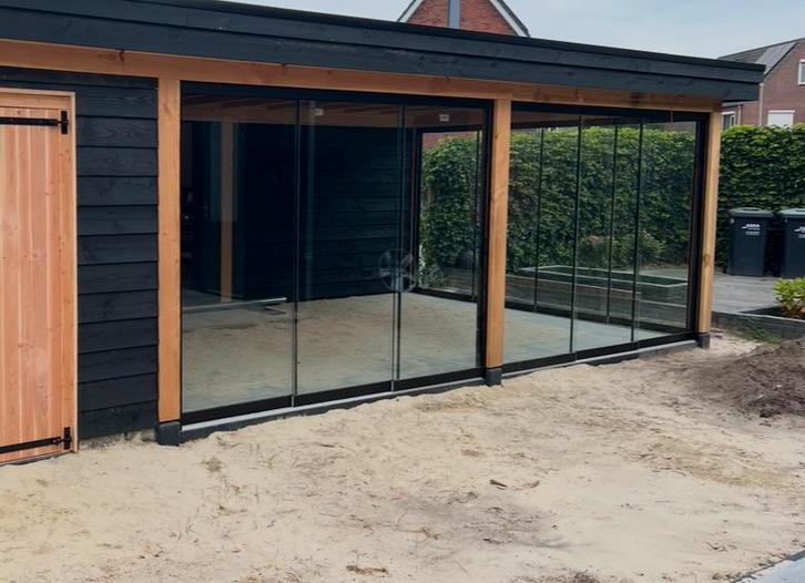 Glazen schuifwand 400cm breed, Doe-het-zelf en Verbouw, Glas en Ramen, Zo goed als nieuw, Glasplaat, 160 cm of meer, Ophalen of Verzenden