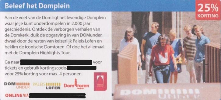 Beleef het Domplein. 25% korting. Postcodeloterij bon., Tickets en Kaartjes, Kortingen en Cadeaubonnen, Drie personen of meer