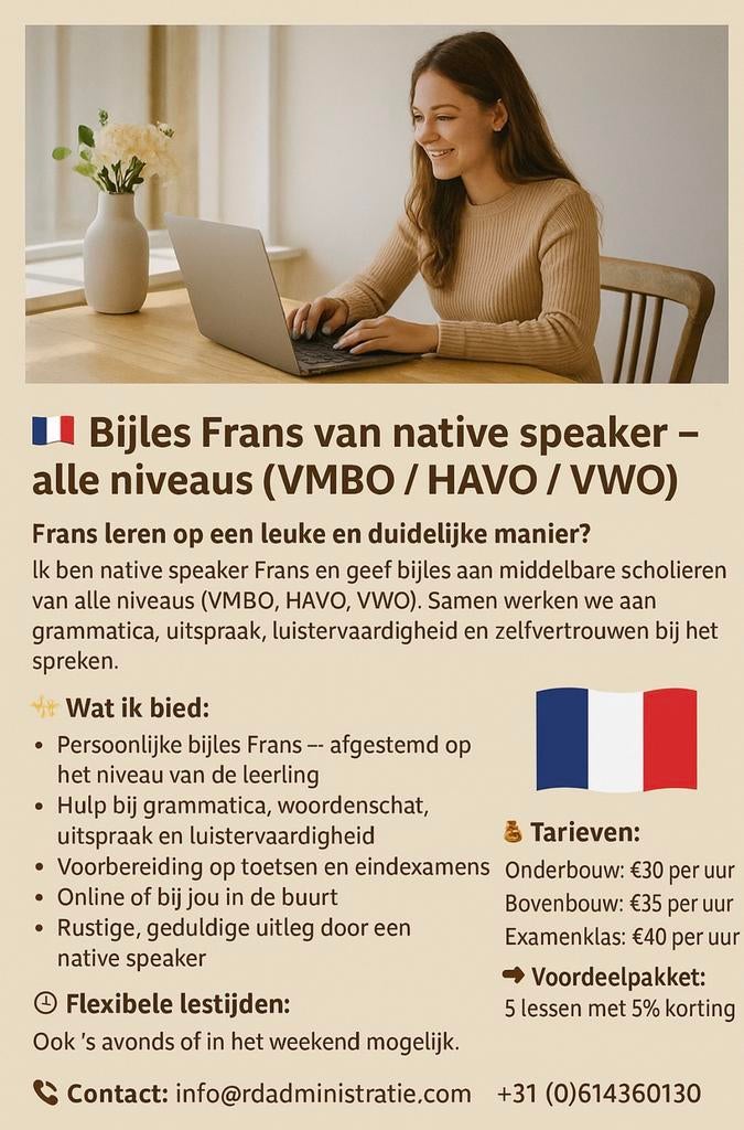 Bijles Frans van native speaker – (VMBO / HAVO / VWO), Diensten en Vakmensen, Bijles, Privé-les en Taalles, Bijles