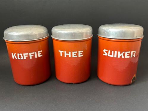 Oranje Gevlamde Koffie, Thee & Suiker Bussen, Antiek en Kunst, Antiek | Emaille, Ophalen of Verzenden