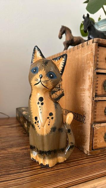 Vintage houten katje kat kater poes blauwe ogen beschikbaar voor biedingen