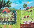 Schilderij Boerderij met land en dieren vrolijk acryl canvas, Ophalen of Verzenden