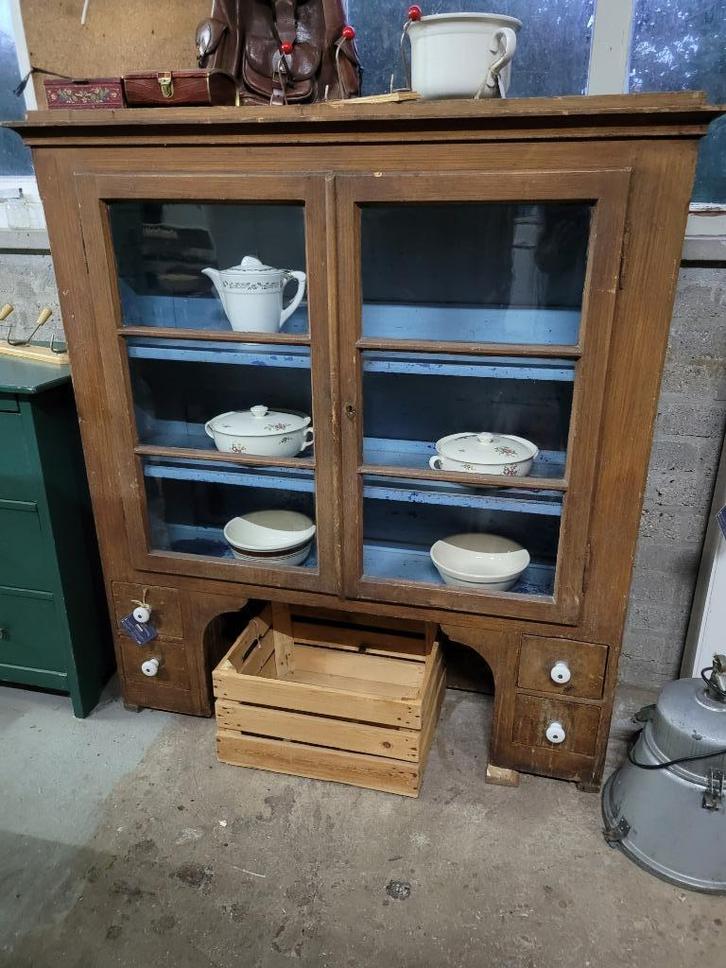 Brocante oude kast opzetkast vitrinekast servieskast, Antiek en Kunst, Curiosa en Brocante, Ophalen