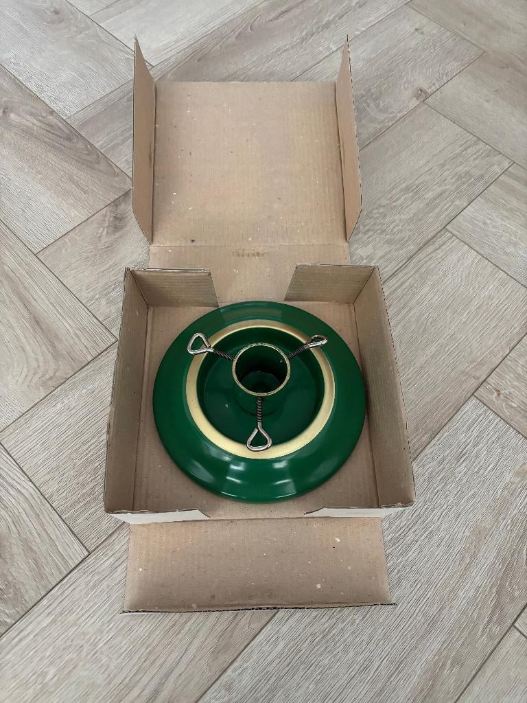 Vintage metalen kerstboomstandaard met waterreservoir + doos, Diversen, Kerst, Ophalen of Verzenden, Zo goed als nieuw