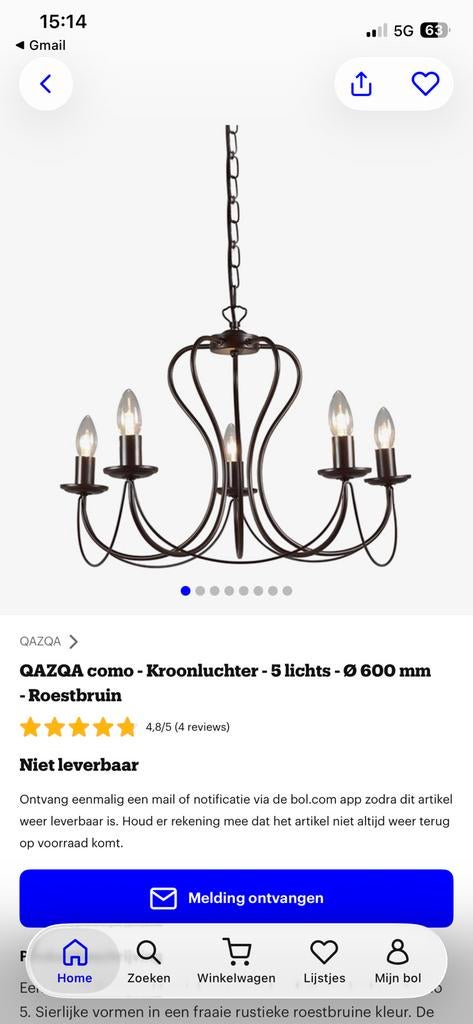 Kroonluchter donkerbruin inclusief lampen, Ophalen, Zo goed als nieuw