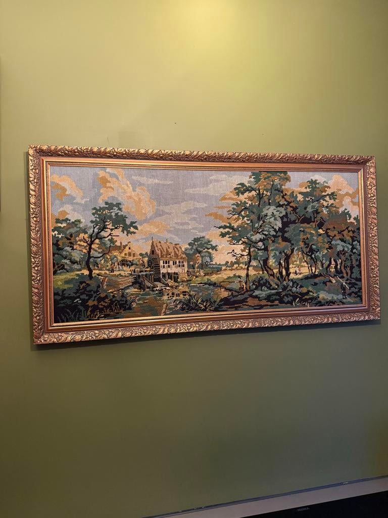 Borduur schilderij met lijst - Landschap met watermolen, Ophalen