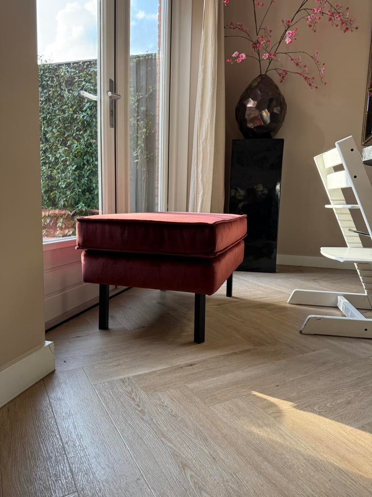Bordeaux rode velvet ottoman poef, Ophalen, Minder dan 50 cm, 75 tot 100 cm, Zo goed als nieuw