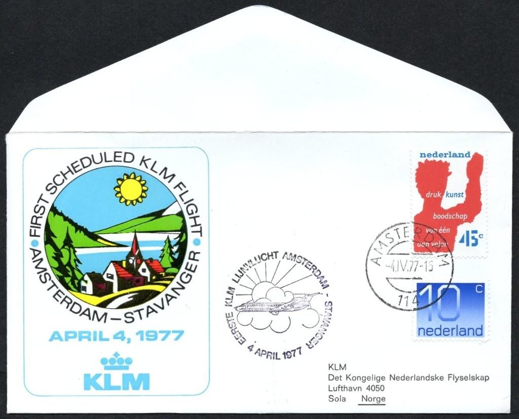 1e KLM vlucht Stavanger Noorwegen 1977, Postzegels en Munten, Brieven en Enveloppen | Nederland, Verzenden, Envelop