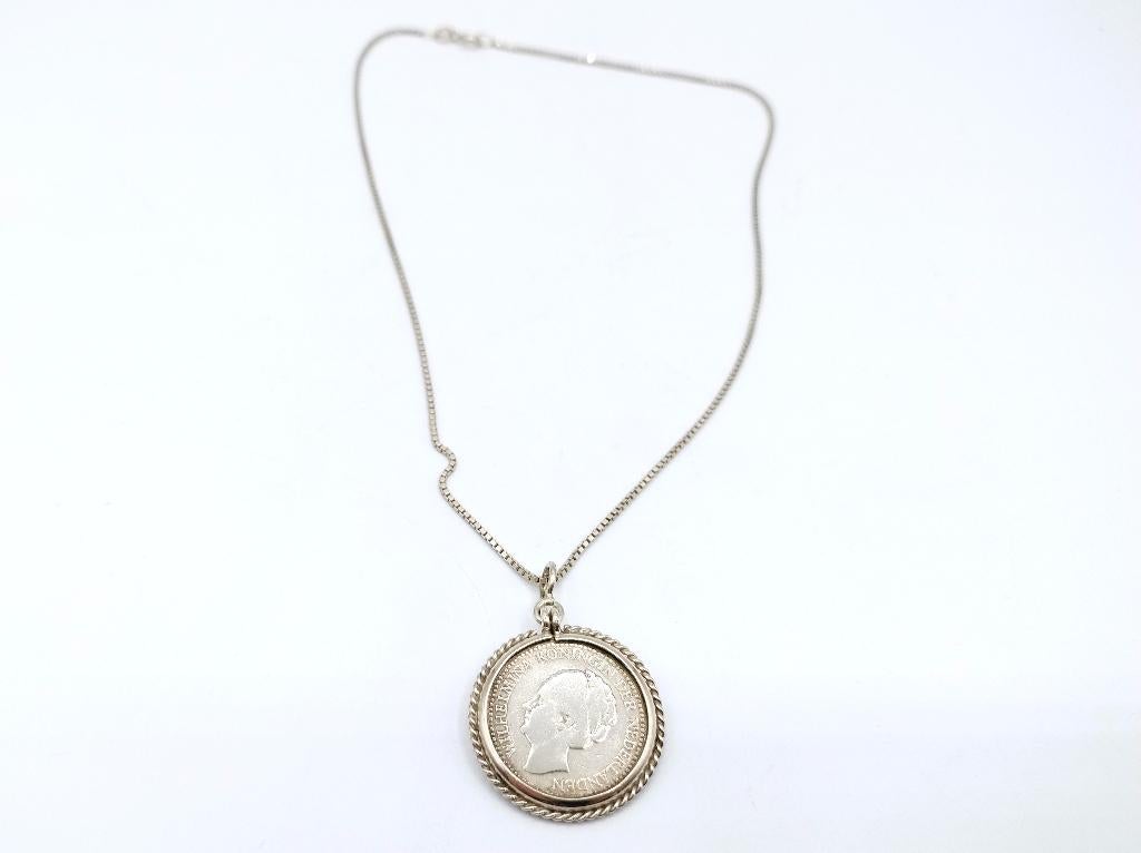 Zilveren gourmetketting met halve gulden hanger, 39 cm, Verzenden, Koningin Wilhelmina, ½ gulden, Zilver