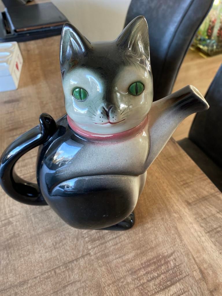 Vintage Katten Theepot - Zwart/Wit met Groene Ogen, Antiek en Kunst, Ophalen