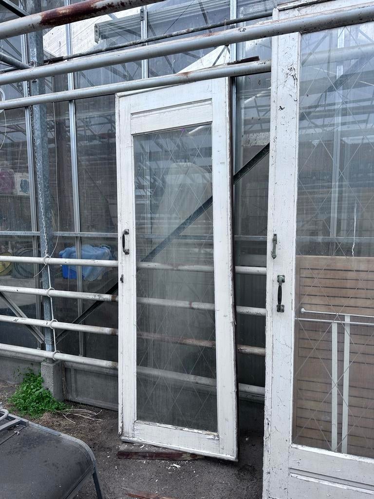 Twee antieke witte schuifdeuren met glas, Doe-het-zelf en Verbouw, Deuren en Horren, Ophalen, Gebruikt, 80 tot 100 cm, Binnendeur