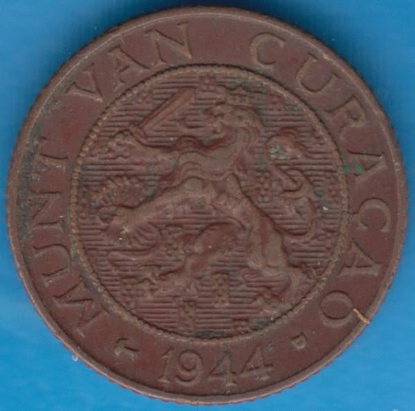 Curaçao 1 cent 1944 D Wilhelmina in munthouder, Scho. 1335, Postzegels en Munten, Munten | Nederland, Ophalen of Verzenden, Koningin Wilhelmina