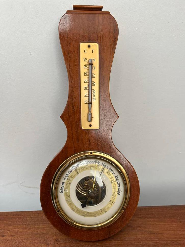 Vintage Barometer met Thermometer - Hout, Audio, Tv en Foto, Weerstations en Barometers, Gebruikt, Barometer, Ophalen of Verzenden