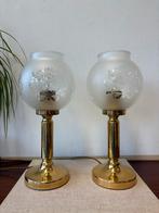 Mooie Set vintage tafellampen messing voet satijnglas kap, Ophalen of Verzenden, Gebruikt, Glas, Minder dan 50 cm