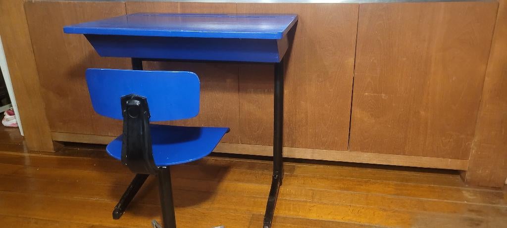 vintage schoolbank met stoel – blauw & bruin, Kinderen en Baby's, Kinderkamer | Tafels en Stoelen, Ophalen, Gebruikt, Tafel(s) en Stoel(en)