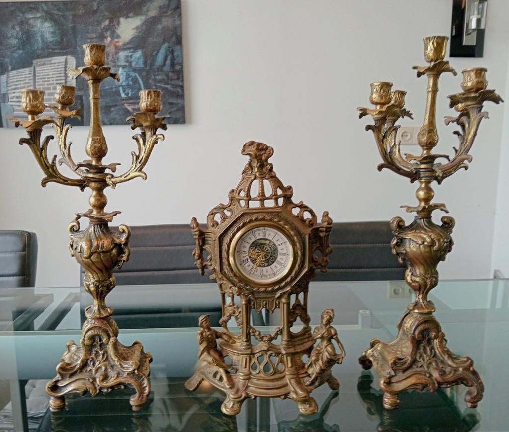 Antiek bronzen schouwgarnituur. West Germany, Ophalen of Verzenden, Koper of Brons