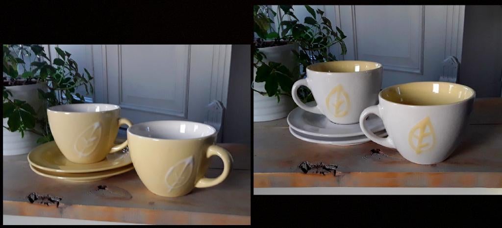 4 paar kop en schotels - zachtgeel met wit + wit met zachtge, Diversen, Ophalen of Verzenden, Zo goed als nieuw