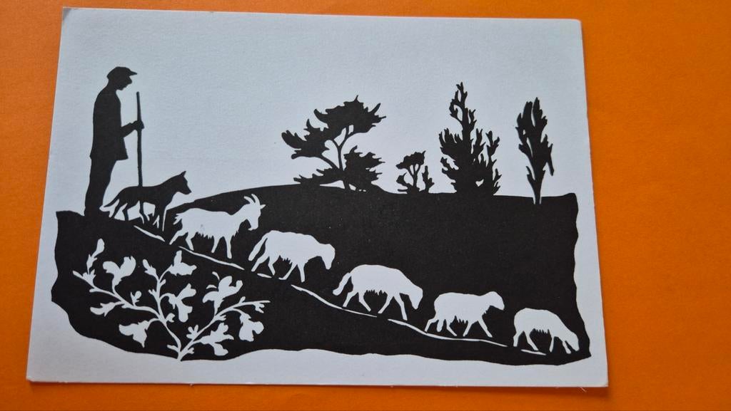 Papierknipkunst W. Tj. Lever Silhouet herder met schaap geit, Ophalen of Verzenden, 1980 tot heden, Ongelopen, Ambachten of Beroep