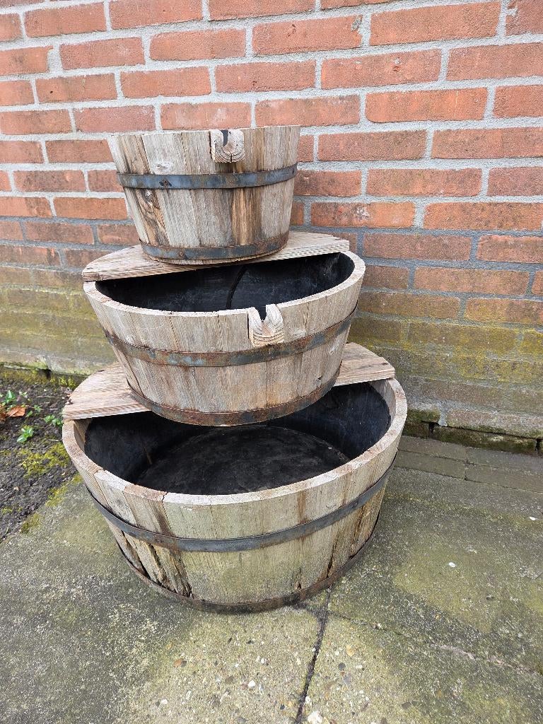 Waterornament houten tonnen + dompelpomp, Tuin en Terras, Waterpartijen en Fonteinen, Ophalen, Gebruikt, Overige materialen, Waterornament
