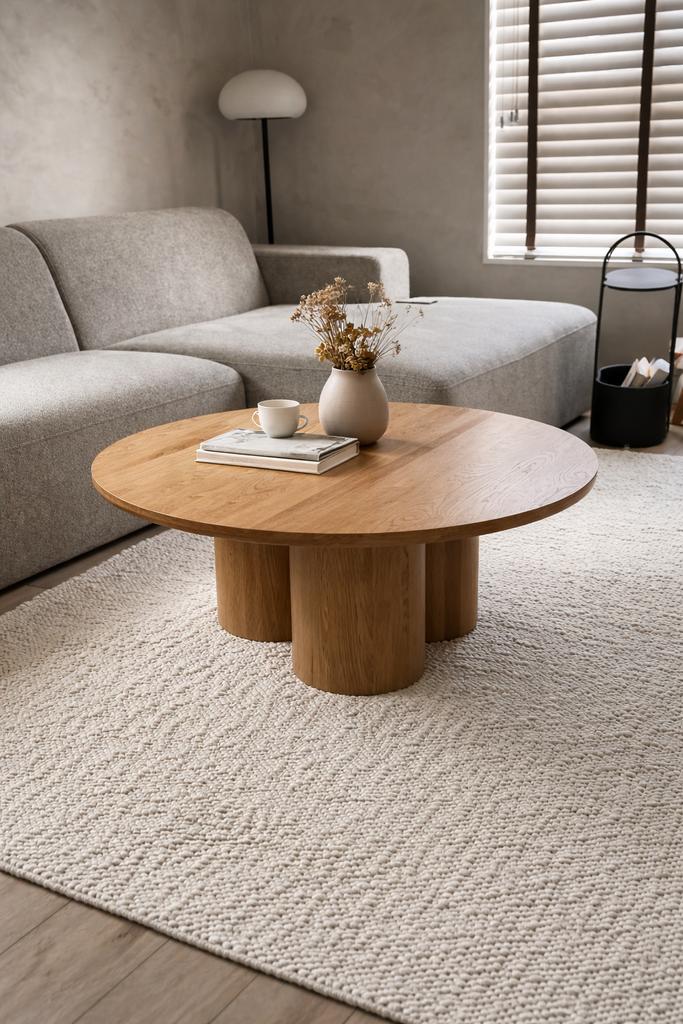 Ronde massieve eikenhouten salontafel - 90 cm, Huis en Inrichting, Tafels | Salontafels, Ophalen, Scandinavisch, 50 tot 100 cm