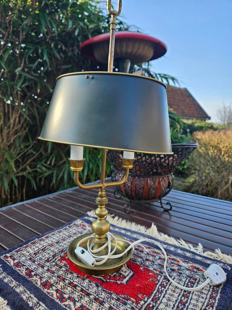 Messing bouillotte lamp met 2 pits, 60 cm hoog, Ophalen