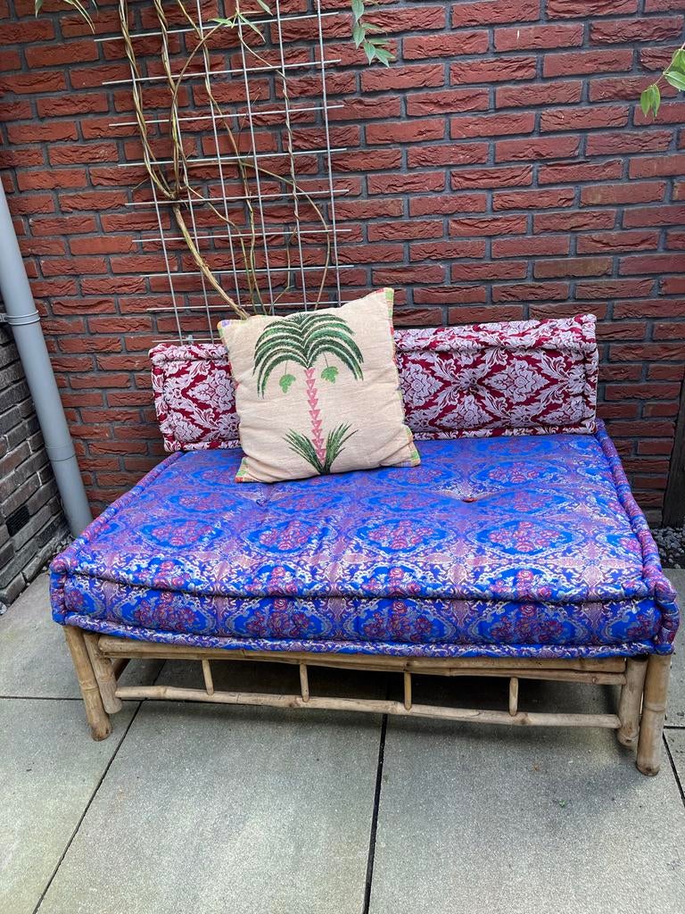 Bamboe bankje met kussens, Ophalen, Gebruikt, Tweepersoons, 75 tot 100 cm