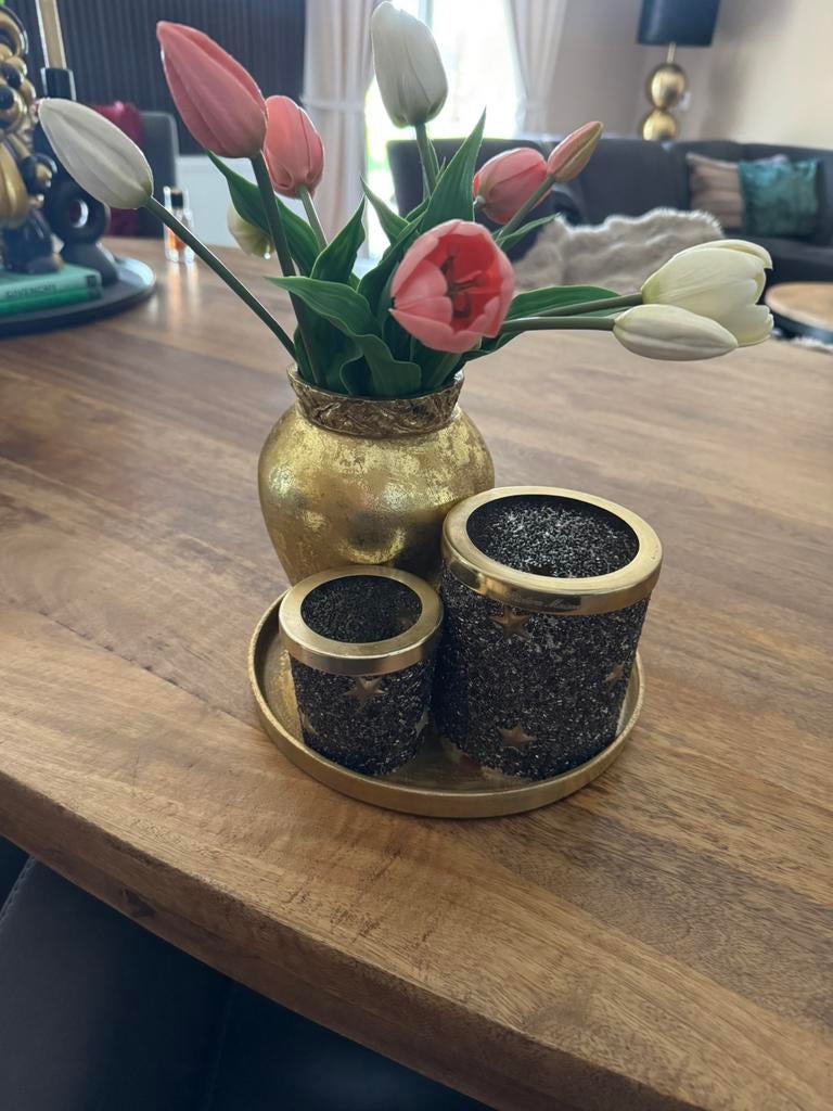 Decoratie set goud met zwart RM windlichten, Huis en Inrichting, Ophalen of Verzenden, Zo goed als nieuw