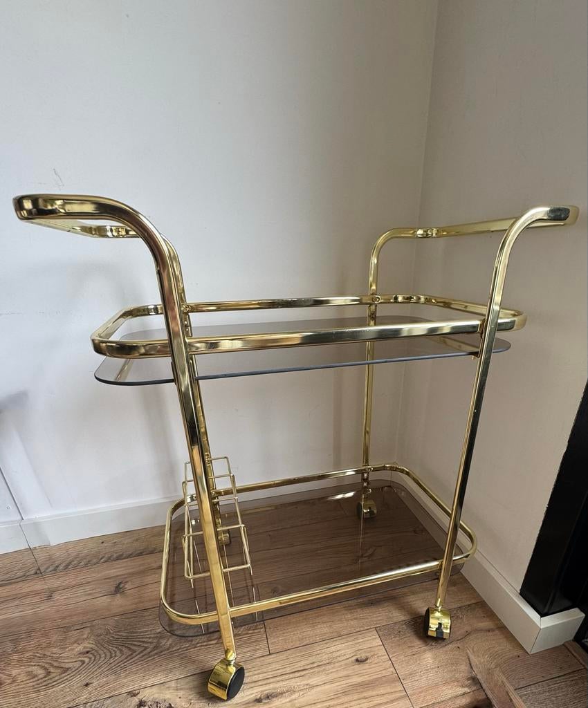 Gouden bartrolley met rookglas, Ophalen, Zo goed als nieuw, Goud, Metaal