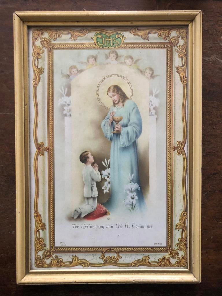 Vintage Eerste Communie Prent in Lijst - Jezus en Kind, Verzamelen, Ophalen of Verzenden, Zo goed als nieuw, Voor 1940, Prent