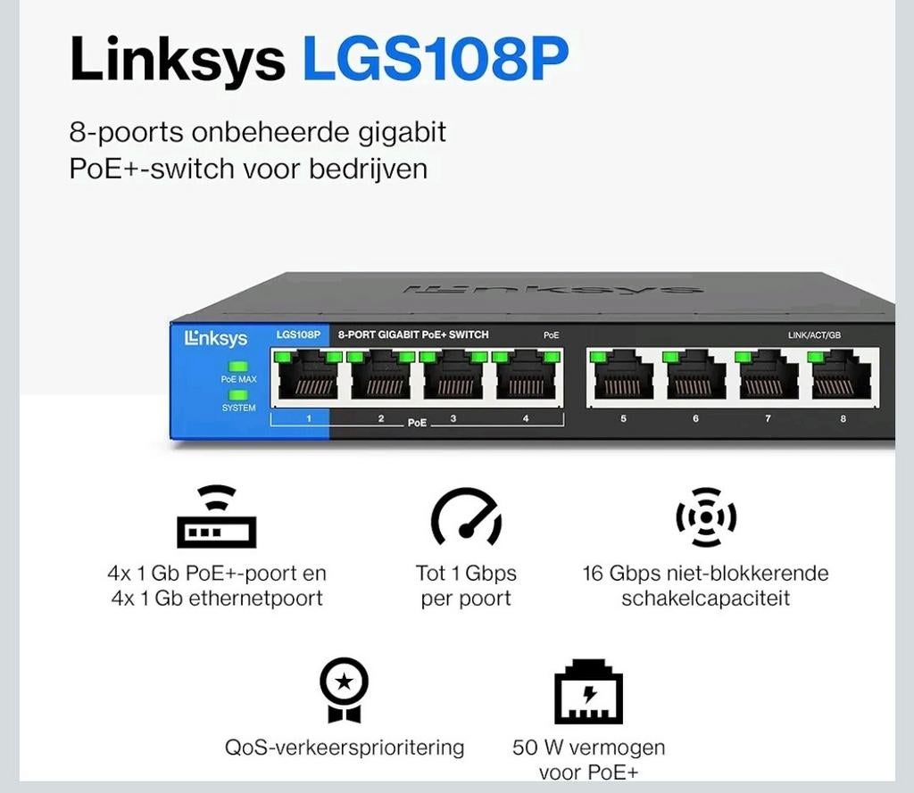 Linksys LGS108P: 8-poorts Gigabit PoE Switch, Computers en Software, Netwerk switches, Ophalen of Verzenden